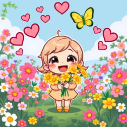 A charming pixel art depiction of a Chibi character joyfully gifting bright yellow flowers