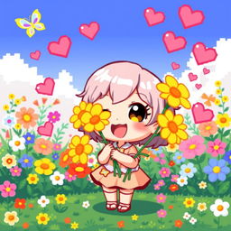 A charming pixel art depiction of a Chibi character joyfully gifting bright yellow flowers