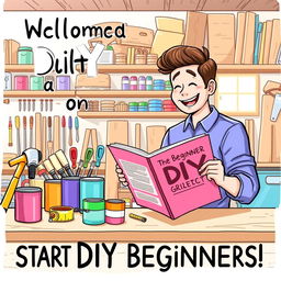 A warm and welcoming illustration aimed at DIY beginners, depicting the joys of starting a DIY project