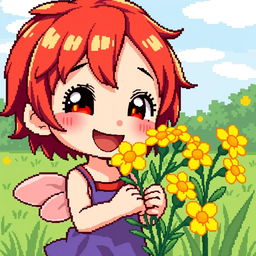 A delightful and detailed pixel art depiction of a Chibi character with short, vibrant red hair, joyfully gifting bright yellow flowers