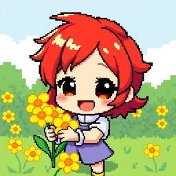 A delightful and detailed pixel art depiction of a Chibi character with short, vibrant red hair, joyfully gifting bright yellow flowers