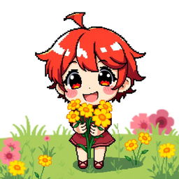 A delightful and detailed pixel art depiction of a Chibi character with short, vibrant red hair, joyfully gifting bright yellow flowers