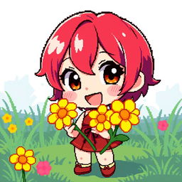 A delightful and detailed pixel art depiction of a Chibi character with short, vibrant red hair, joyfully gifting bright yellow flowers