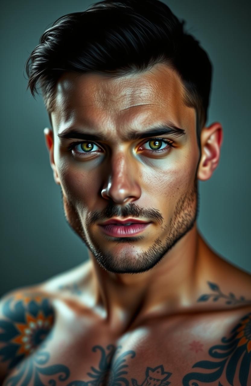 A realistic portrait of a handsome man with light stubble, showcasing vibrant green eyes and striking black hair