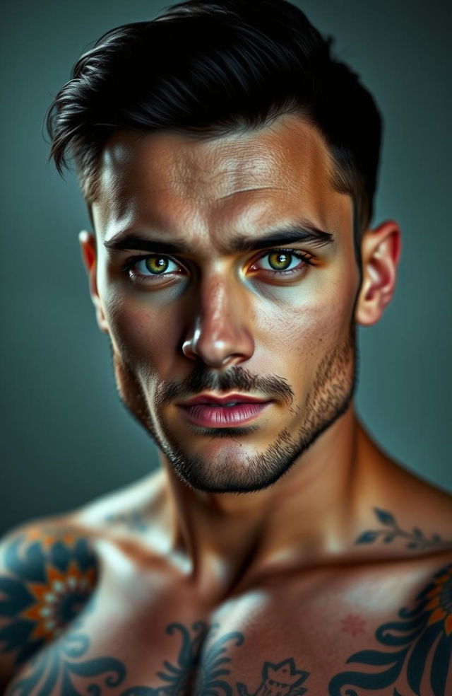 A realistic portrait of a handsome man with light stubble, showcasing vibrant green eyes and striking black hair