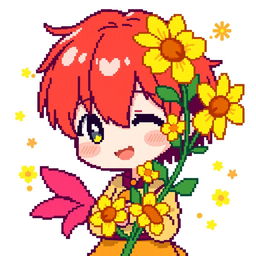 Pixel art of a Chibi character giving yellow flowers, featuring short, vibrant red hair