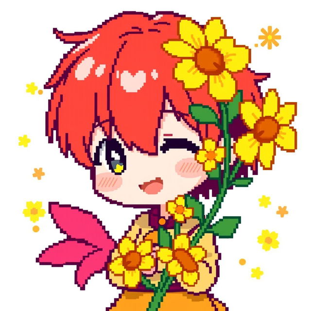 Pixel art of a Chibi character giving yellow flowers, featuring short, vibrant red hair