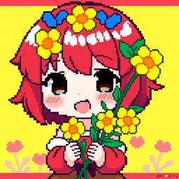 Pixel art of a Chibi character giving yellow flowers, featuring short, vibrant red hair