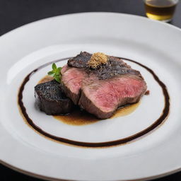 An incredibly luxurious beef steak plate, featuring a perfectly cooked A5-grade Japanese Wagyu steak, adorned with black truffle shavings and a drizzle of gold-infused olive oil.