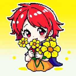 Pixel art of a Chibi character giving yellow flowers, featuring short, vibrant red hair