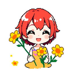 Pixel art of a Chibi character giving yellow flowers, featuring short, vibrant red hair