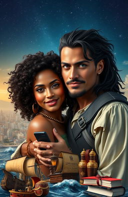 A portrait of Amaya with the 21st-century city of Santo Domingo in the background, featuring a stunning woman with dark skin, curly hair, and amber eyes, radiating exotic beauty and contagious energy