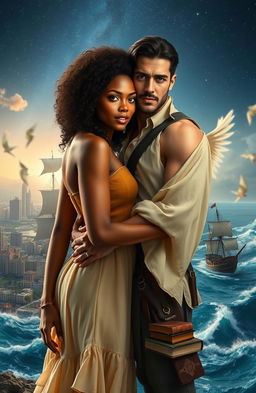 A portrait of Amaya with the 21st-century city of Santo Domingo in the background, featuring a stunning woman with dark skin, curly hair, and amber eyes, radiating exotic beauty and contagious energy