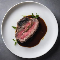 An incredibly luxurious beef steak plate, featuring a perfectly cooked A5-grade Japanese Wagyu steak, adorned with black truffle shavings and a drizzle of gold-infused olive oil.