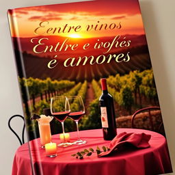 A romantic book cover titled 'Entre vinhos e amores', featuring a beautifully set table with wine glasses and a bottle of red wine, surrounded by soft candlelight