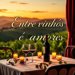 A romantic book cover titled 'Entre vinhos e amores', featuring a beautifully set table with wine glasses and a bottle of red wine, surrounded by soft candlelight