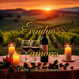 A romantic book cover titled 'Entre vinhos e amores', featuring a beautifully set table with wine glasses and a bottle of red wine, surrounded by soft candlelight