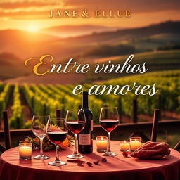 A romantic book cover titled 'Entre vinhos e amores', featuring a beautifully set table with wine glasses and a bottle of red wine, surrounded by soft candlelight