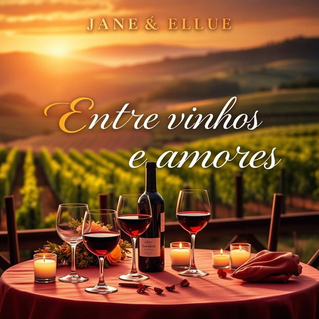 A romantic book cover titled 'Entre vinhos e amores', featuring a beautifully set table with wine glasses and a bottle of red wine, surrounded by soft candlelight