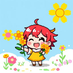 A vibrant pixel art depiction of a Chibi character joyfully giving away yellow flowers to celebrate spring