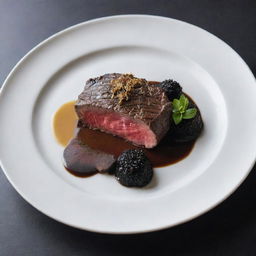 An incredibly luxurious beef steak plate, featuring a perfectly cooked A5-grade Japanese Wagyu steak, adorned with black truffle shavings and a drizzle of gold-infused olive oil.