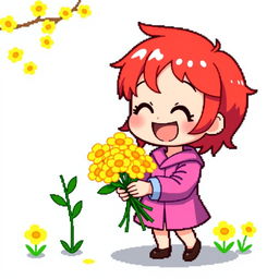 A vibrant pixel art depiction of a Chibi character joyfully giving away yellow flowers to celebrate spring