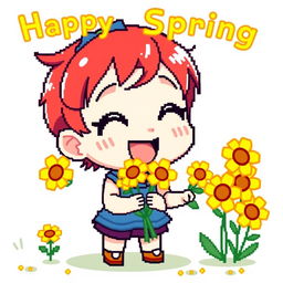 A vibrant pixel art depiction of a Chibi character joyfully giving away yellow flowers to celebrate spring