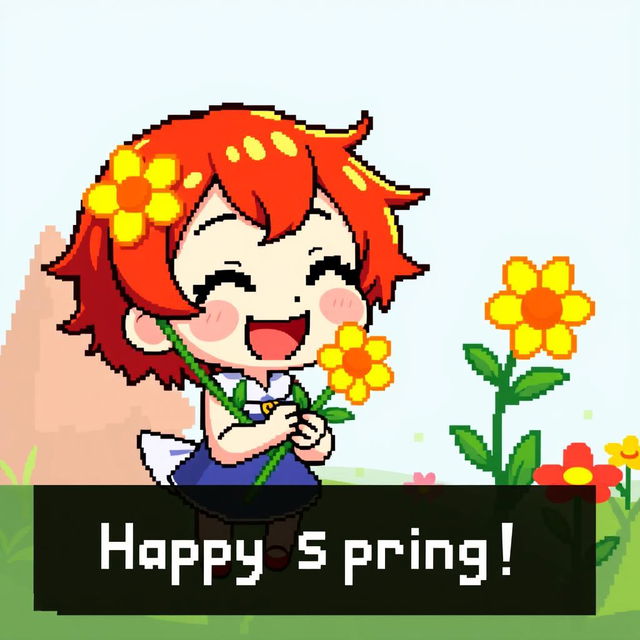 A vibrant pixel art depiction of a Chibi character joyfully giving away yellow flowers to celebrate spring