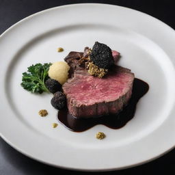 An incredibly luxurious beef steak plate, featuring a perfectly cooked A5-grade Japanese Wagyu steak, adorned with black truffle shavings and a drizzle of gold-infused olive oil.