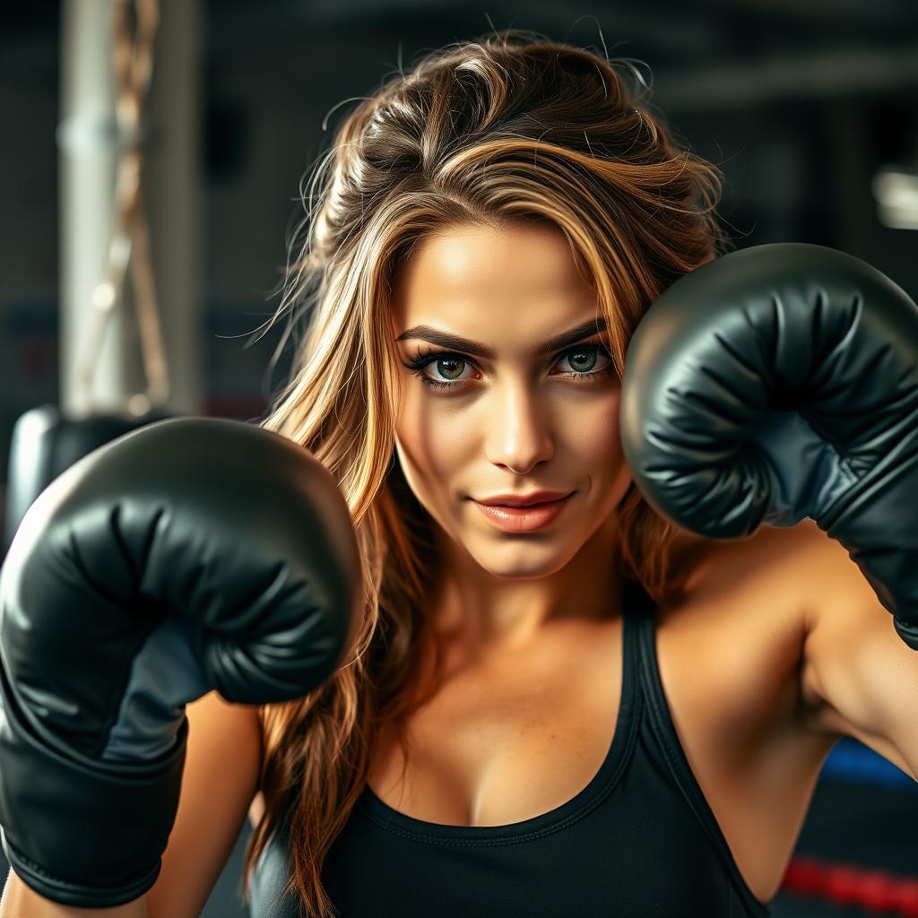 A woman with chestnut hair and blonde highlights, showcasing a cute sprinkling of freckles on her face, engaged in boxing