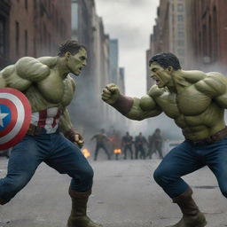 An intense standoff between Captain America and Hulk. Captain America, shield in hand, matching Hulk's furious gaze, in a cityscape battlefield reminiscent of a classic comic book showdown.