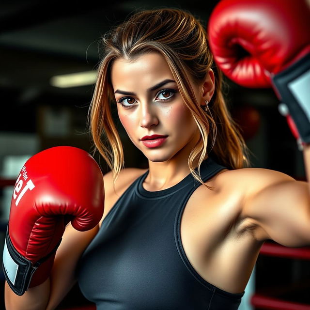 A woman with chestnut hair and blonde highlights, showcasing a cute sprinkling of freckles on her face, engaged in boxing