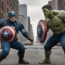 An intense standoff between Captain America and Hulk. Captain America, shield in hand, matching Hulk's furious gaze, in a cityscape battlefield reminiscent of a classic comic book showdown.