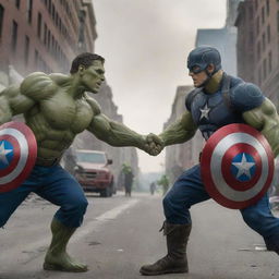 An intense standoff between Captain America and Hulk. Captain America, shield in hand, matching Hulk's furious gaze, in a cityscape battlefield reminiscent of a classic comic book showdown.