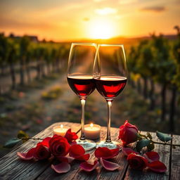 A romantic setting featuring two wine glasses filled with red wine, elegantly positioned on a rustic wooden table