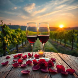 A romantic setting featuring two wine glasses filled with red wine, elegantly positioned on a rustic wooden table