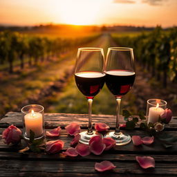 A romantic setting featuring two wine glasses filled with red wine, elegantly positioned on a rustic wooden table