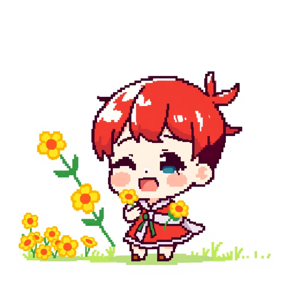 A charming Chibi character created in pixel art style, featuring short, bright red hair that is distinctly visible