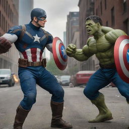 An intense standoff between Captain America and Hulk. Captain America, shield in hand, matching Hulk's furious gaze, in a cityscape battlefield reminiscent of a classic comic book showdown.