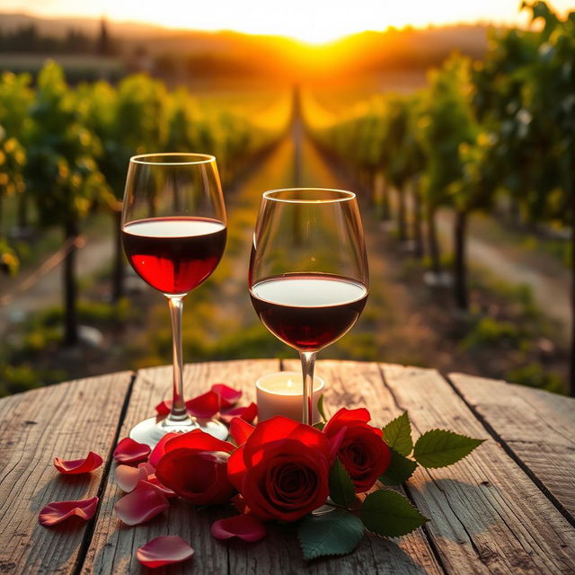 A romantic setting featuring two wine glasses filled with red wine, elegantly positioned on a rustic wooden table