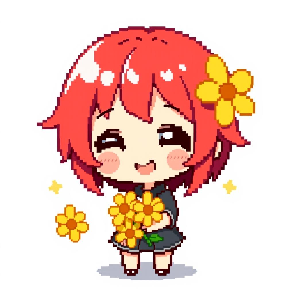 A charming Chibi character created in pixel art style, featuring short, bright red hair that is distinctly visible