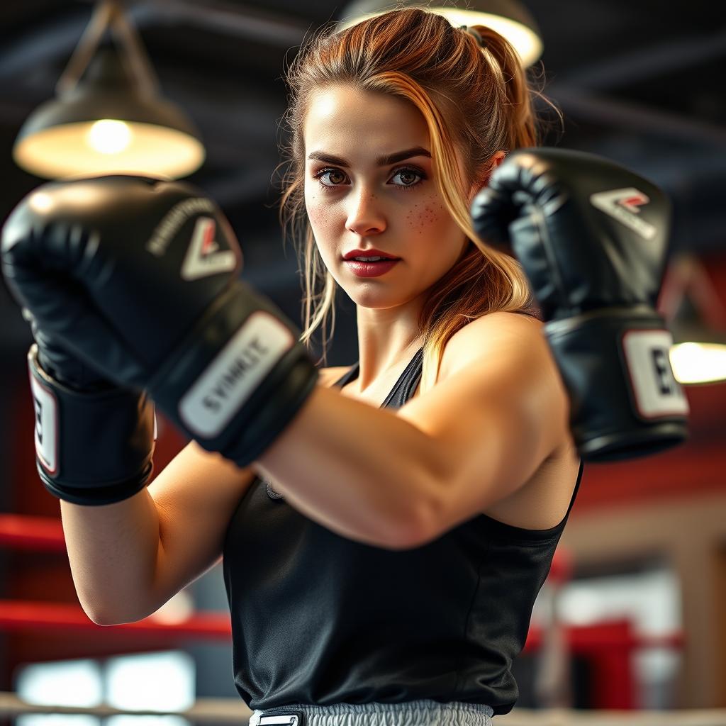 A young woman with chestnut hair accented with blonde highlights, adorned with charming freckles, in the midst of an energetic boxing session