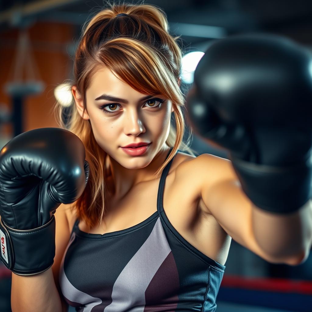 A young woman with chestnut hair accented with blonde highlights, adorned with charming freckles, in the midst of an energetic boxing session