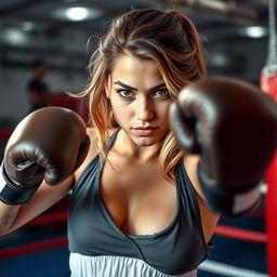 A young woman with chestnut hair accented with blonde highlights, adorned with charming freckles, in the midst of an energetic boxing session