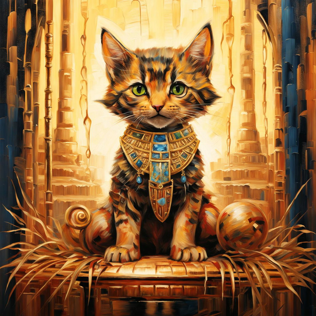 An oil painting of an adorable caramel and cream kitten dressed as an Egyptian goddess, seated on a golden throne against a backdrop of papyrus reeds and the Nile river at sunset.