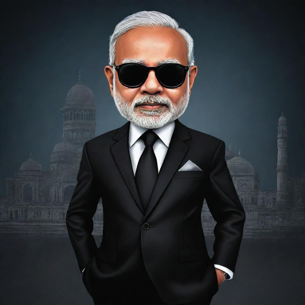 Caricature of Narendra Modi in a stylized 'mafia' avatar. Dressed in a sharp suit with shades, against a backdrop of iconic Indian landmarks with a moody, noir-like atmosphere.