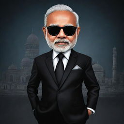 Caricature of Narendra Modi in a stylized 'mafia' avatar. Dressed in a sharp suit with shades, against a backdrop of iconic Indian landmarks with a moody, noir-like atmosphere.