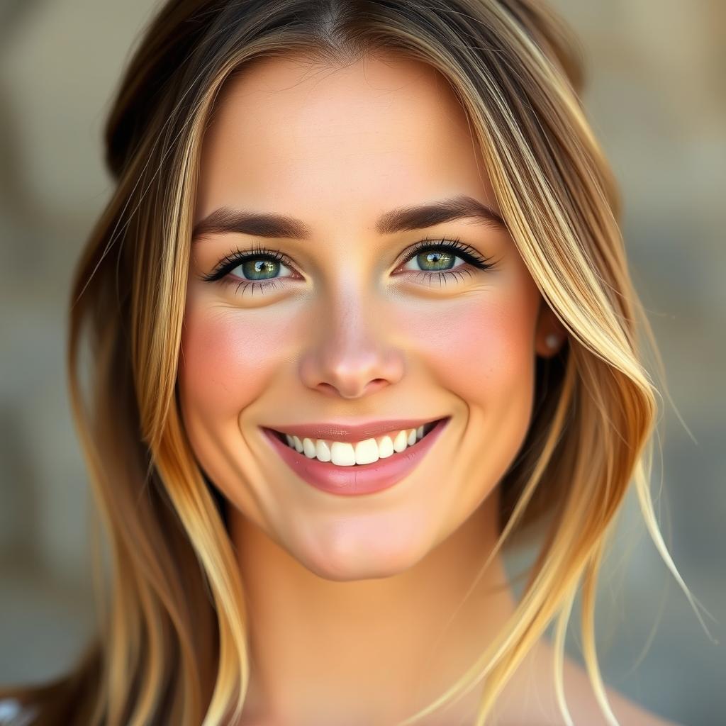 A portrait of a woman with beautiful chestnut hair featuring striking blonde highlights, complemented by a sprinkle of charming freckles on her face