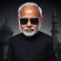 Caricature of Narendra Modi in a stylized 'mafia' avatar. Dressed in a sharp suit with shades, against a backdrop of iconic Indian landmarks with a moody, noir-like atmosphere.