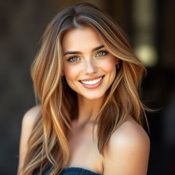 A portrait of a woman with beautiful chestnut hair featuring striking blonde highlights, complemented by a sprinkle of charming freckles on her face